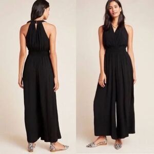 Anthropologie Jumpsuit Bionda Plisse Smocked Waist Wide Leg Black Size XS Boho